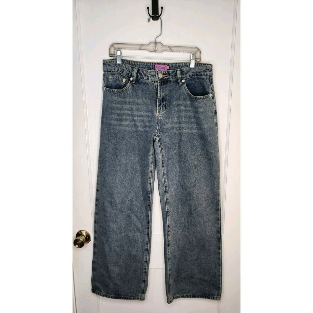 Size Large NWT Edikted Leopard Heart Pockets Wide Leg Jeans Blue Washed